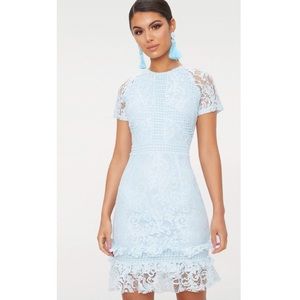 Pretty Little Thing Dusty Blue Frill Hem Lace Bodycon Dress - Size US 6